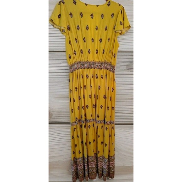 Ces Femme Dress Size L Maxi Boho Festival Yellow Crossover V Neck Front Floral - Picture 8 of 10